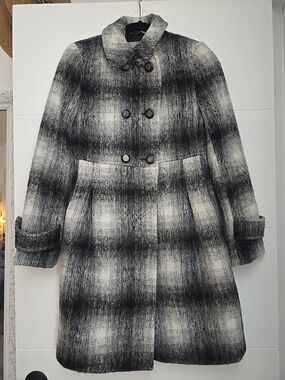 ZARA BASIC Grey Plaid Wool Blend Mohair Style Empire Waist Coat - Size S Small